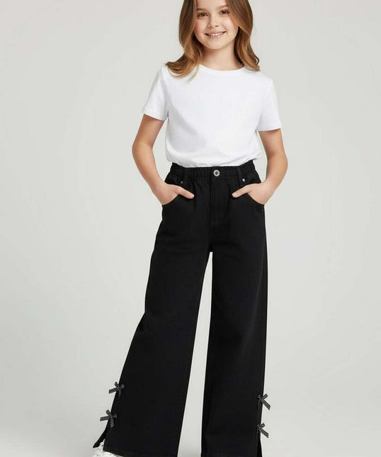 Girls Black Denim Bow Jeans