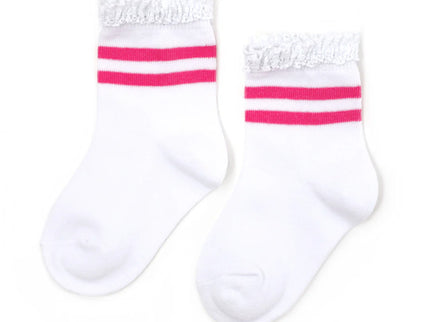 White/Hot Pink Striped Lace Midi Sock