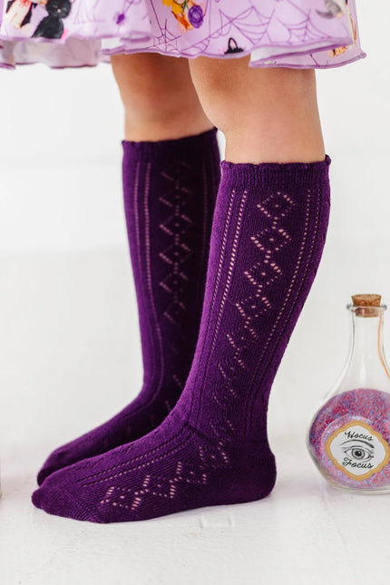 Scalloped Fancy Knee High Socks - Dark Purple