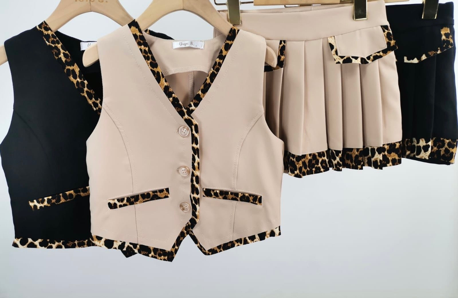 Leopard Pleated Skirt Vest Set