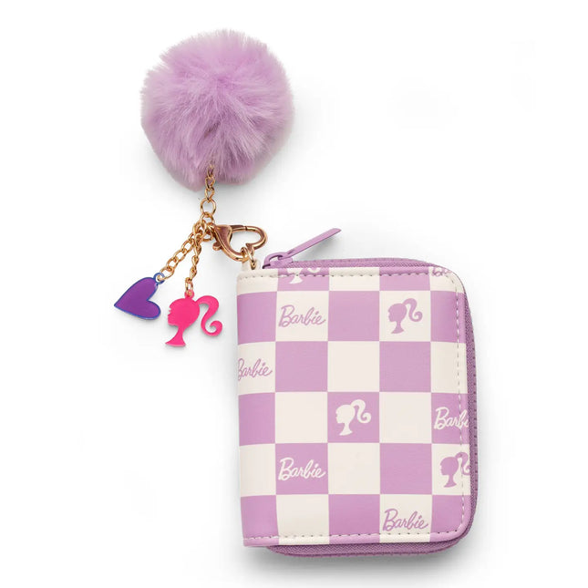 Barbie™ Purple Checkered Kids Zip Wallet with Pom Charm