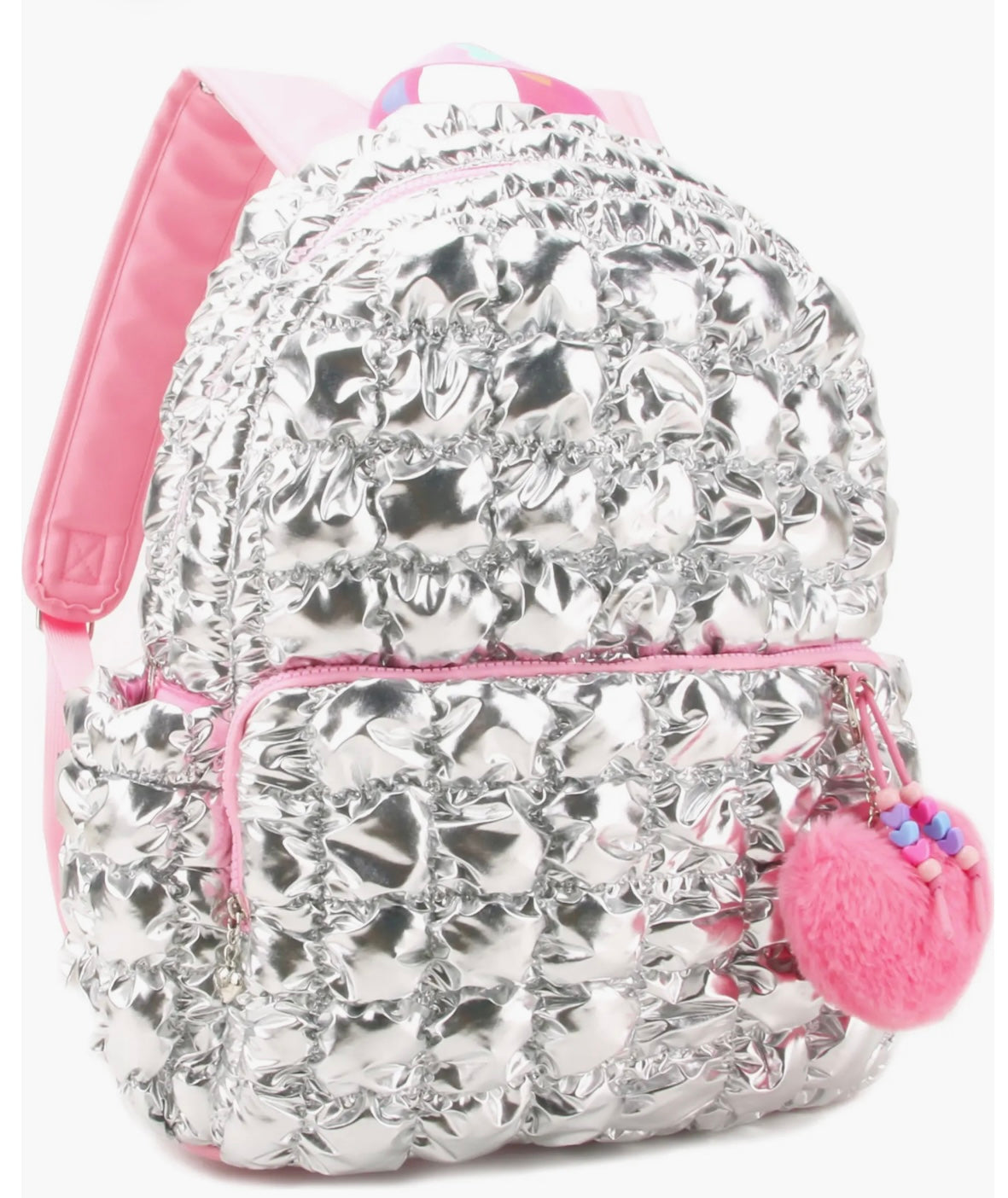 Quilted Scrunchies Metallic Backpack with Plush Heart Charm