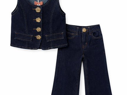 Denim Rose Button Vest Set