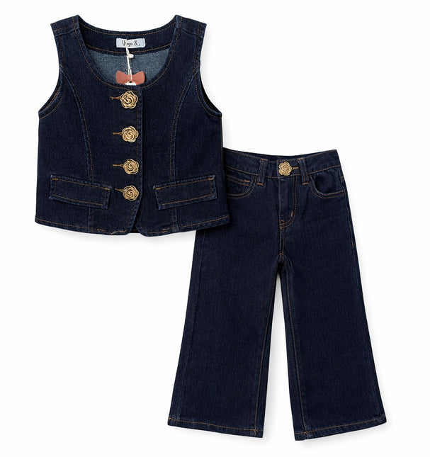 Denim Rose Button Vest Set