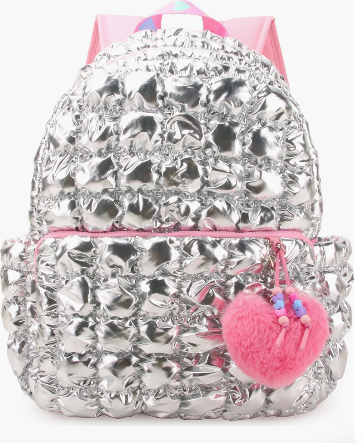 Quilted Scrunchies Metallic Backpack with Plush Heart Charm