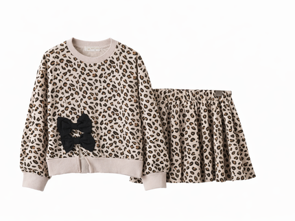 Girls Leopard Skirt Bow Set