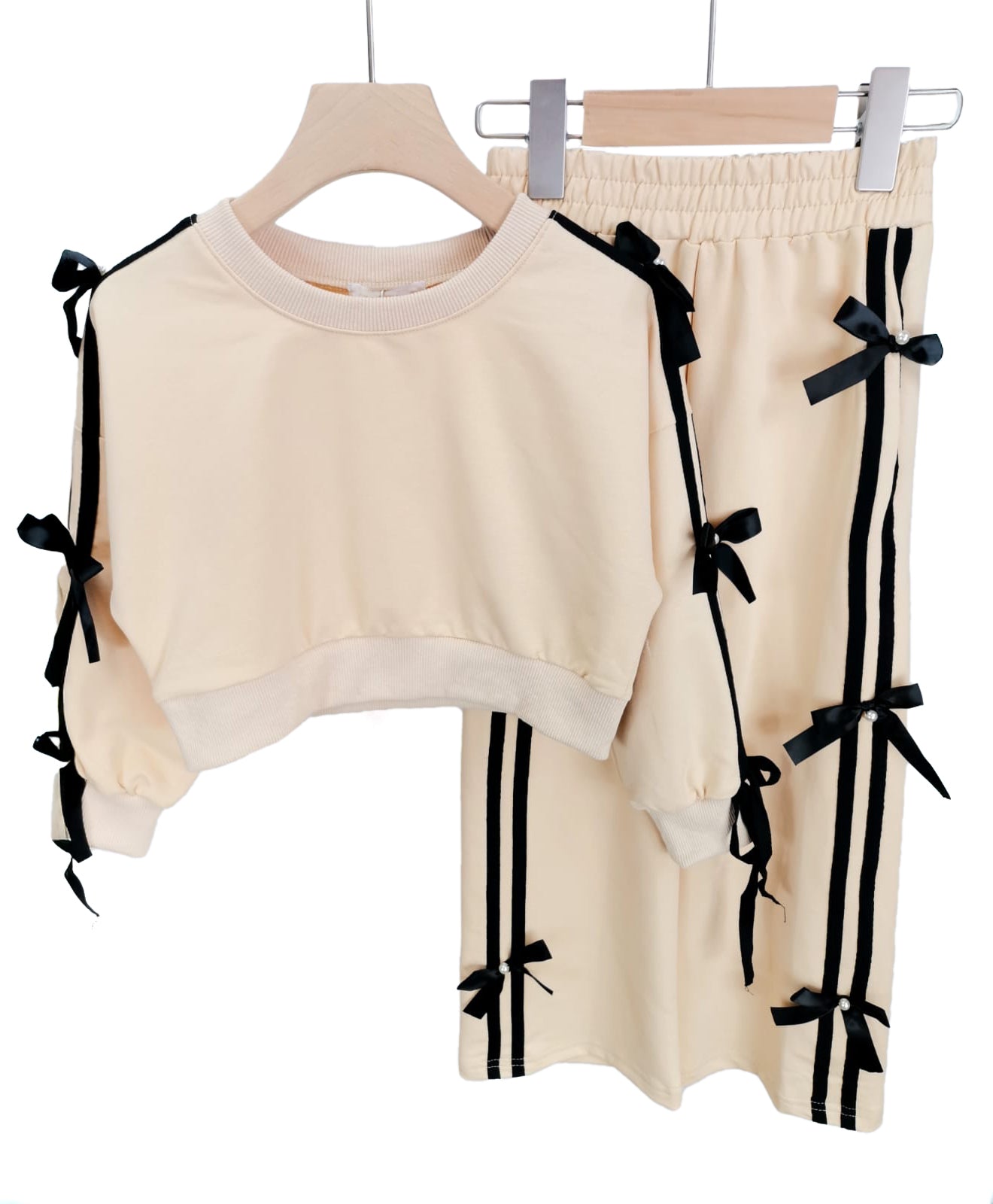 Beige Bow-Tied Girls Cropped Tracksuit