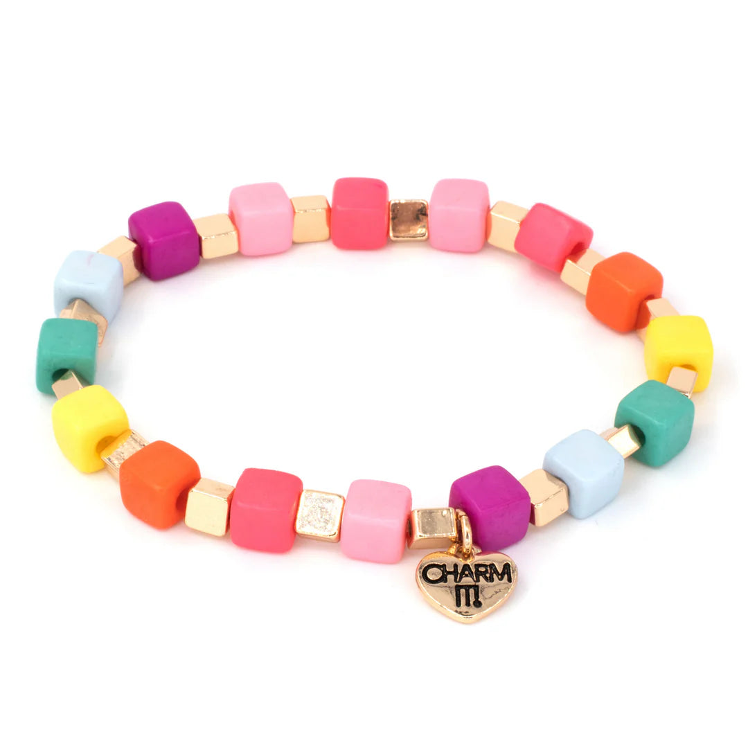 Gold Multi Cube Stretch Bead Bracelets