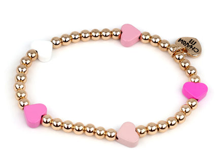 Gold Pink Heart Stretch Bead Bracelet