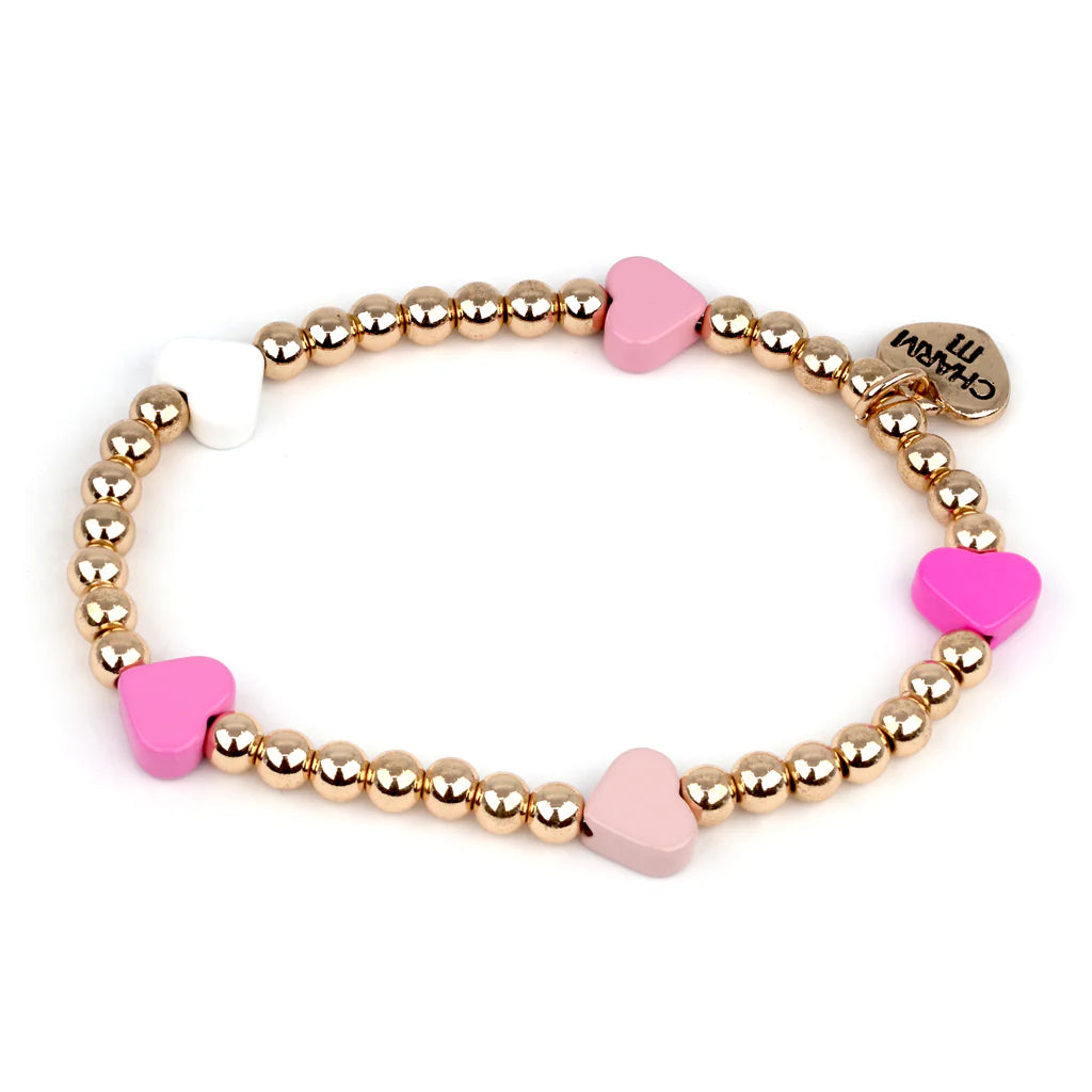 Gold Pink Heart Stretch Bead Bracelet