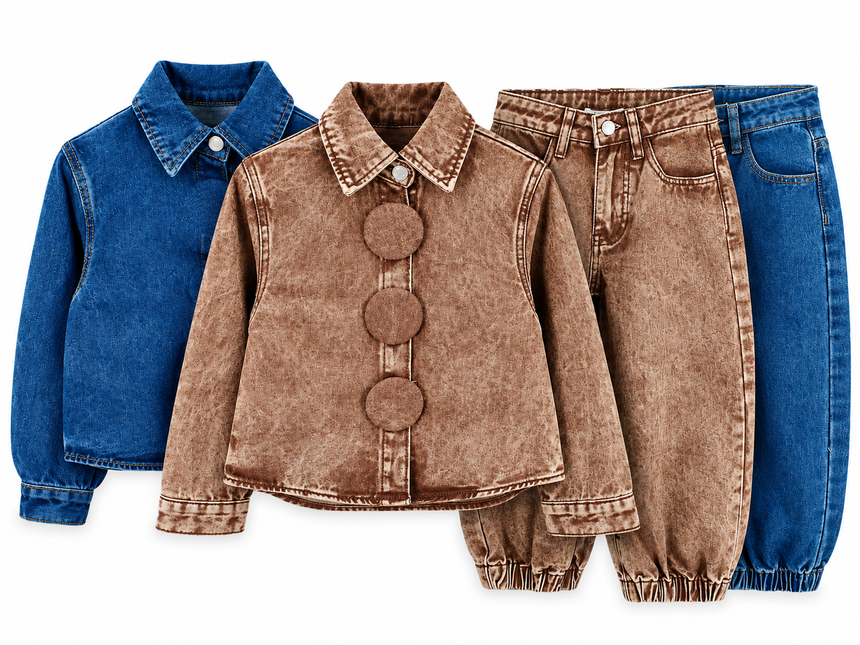 Vintage Big Button Wash Denim Set