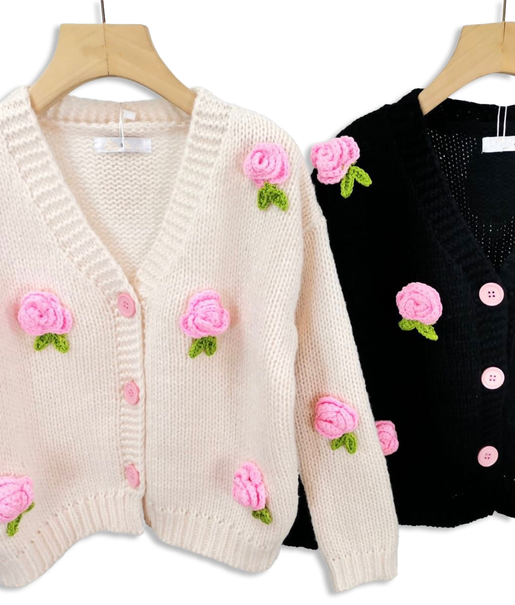 Button-Up Cardigan with Roses