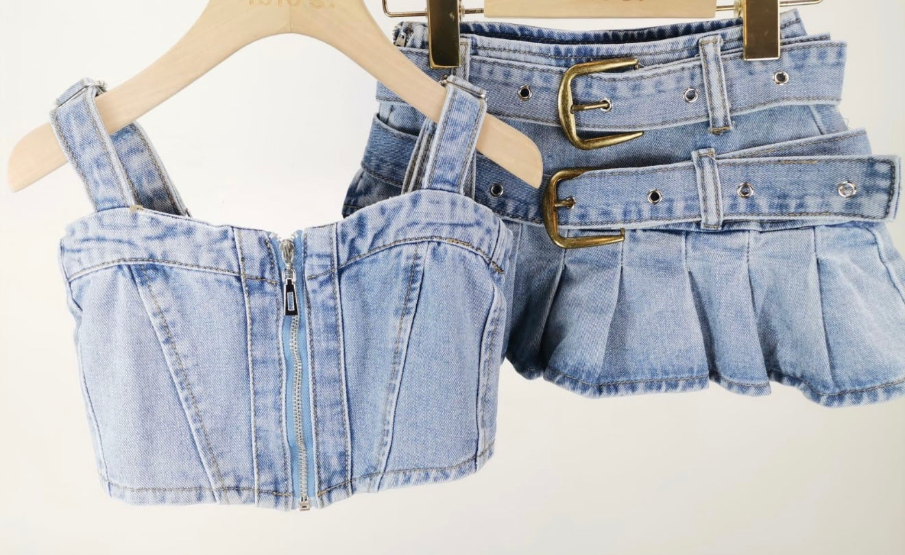 Girls Pleated Denim Set