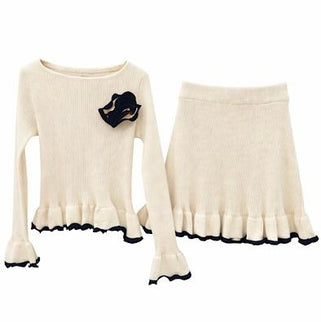 Knitted Floral Beige Skirt Set