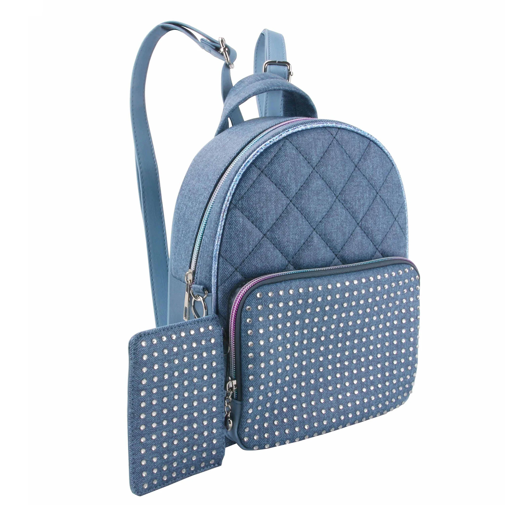 Denim-Printed Rhinestone Quilted Mini Backpack with Coin Purse