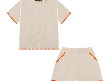 Beige & Orange Knit Shorts Set