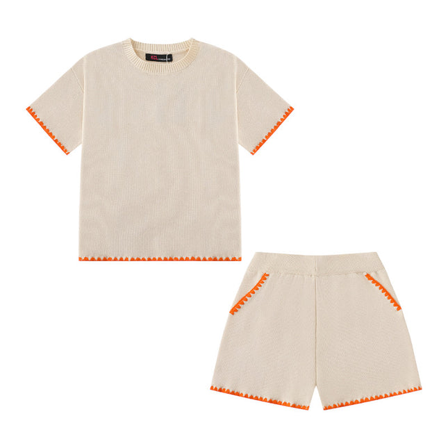 Beige & Orange Knit Shorts Set