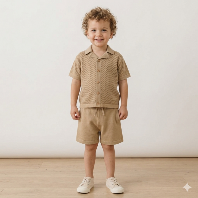 Beige Knit Boys Short Set