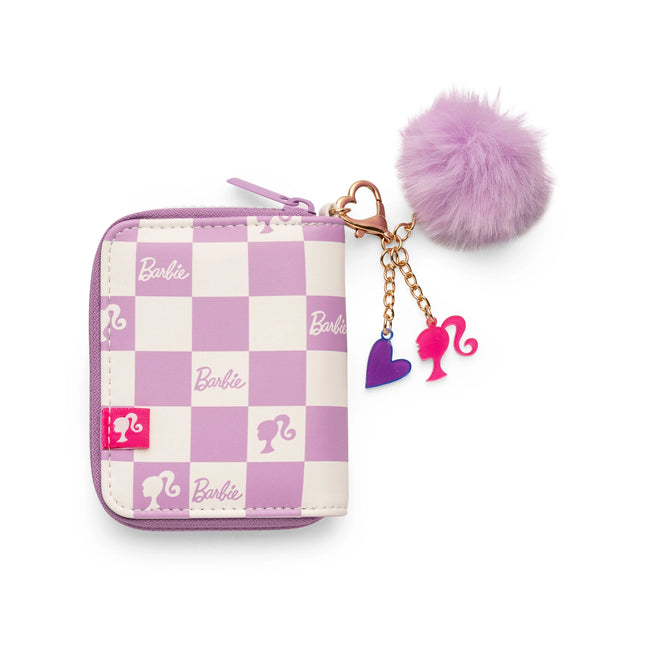 Barbie™ Purple Checkered Kids Zip Wallet with Pom Charm