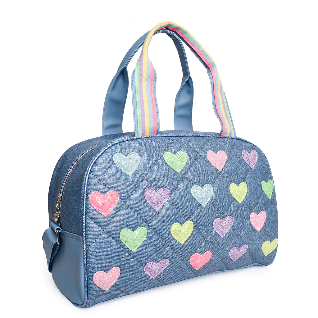 Heart Patched Denim Duffle Bag