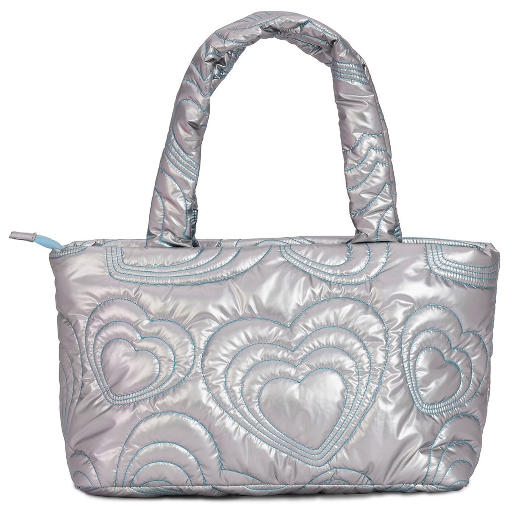 Silver Shining Heart Puffy Overnight Bag