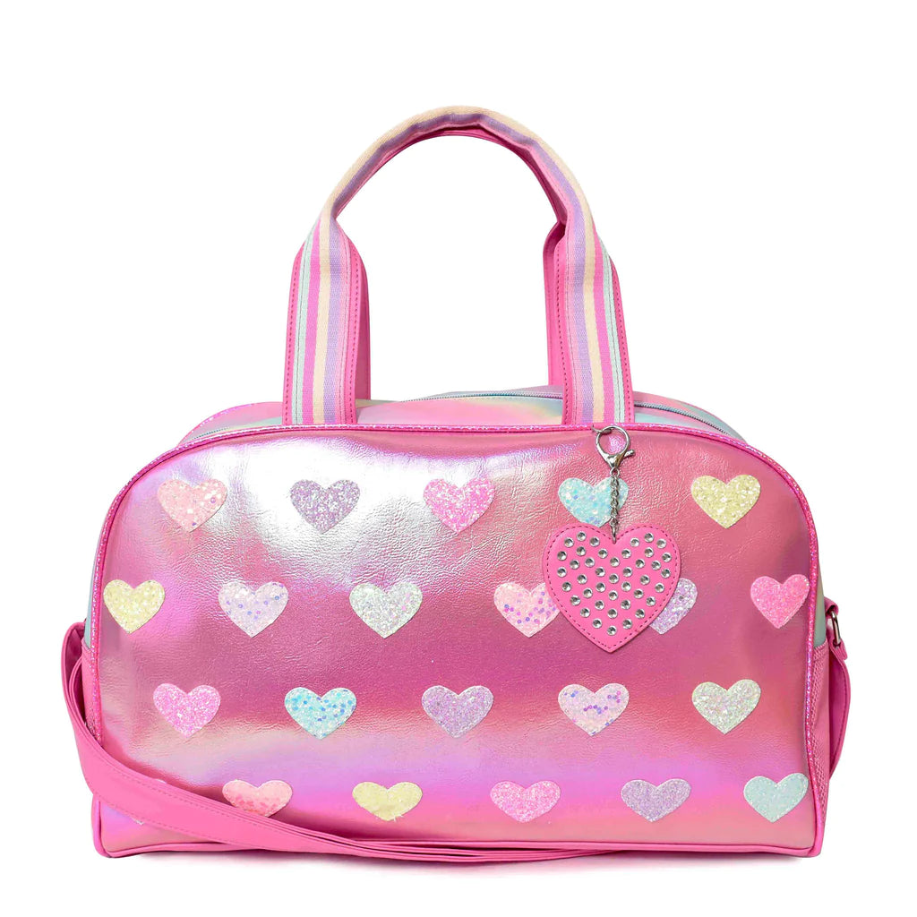 Metallic Heart Patched Pink Duffle Bag